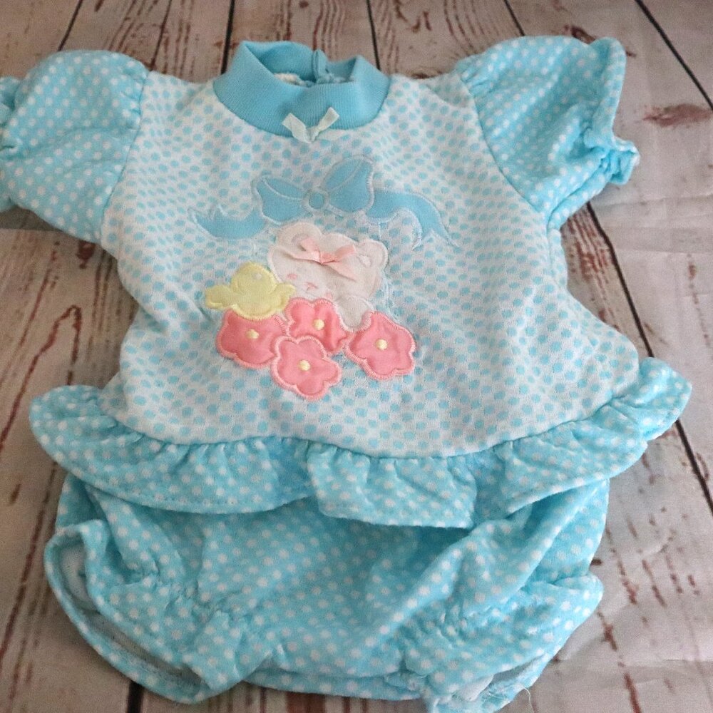 Vintage Vitamins Baby Girls 6/9 M Set Blue White Polka Dot Bear Embroidery 80's